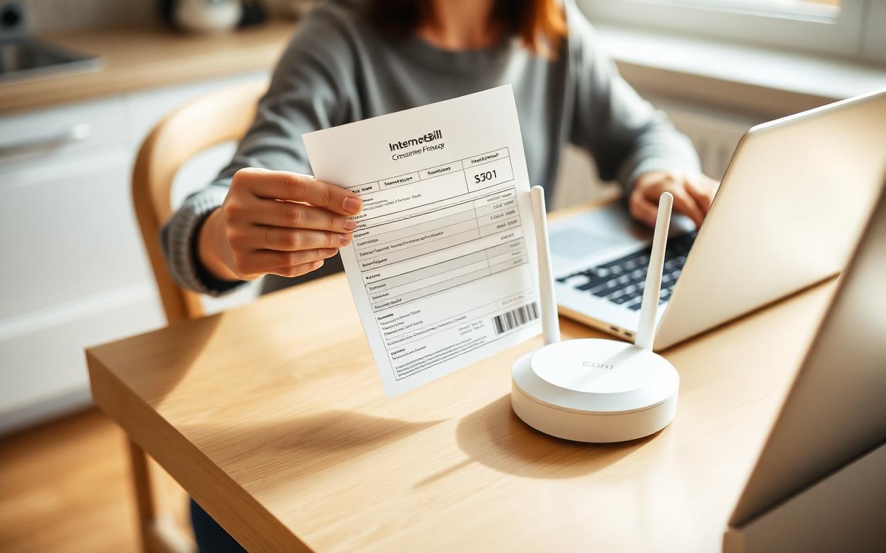 A person reviewing a paper internet bill beside a wifi router and laptop