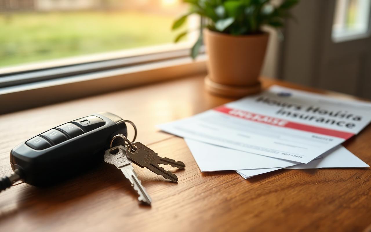 Car keys and house keys on a wooden table next to insurance paperwork