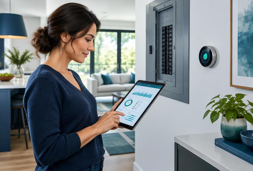 A homeowner reviewing household energy use beside an electrical panel