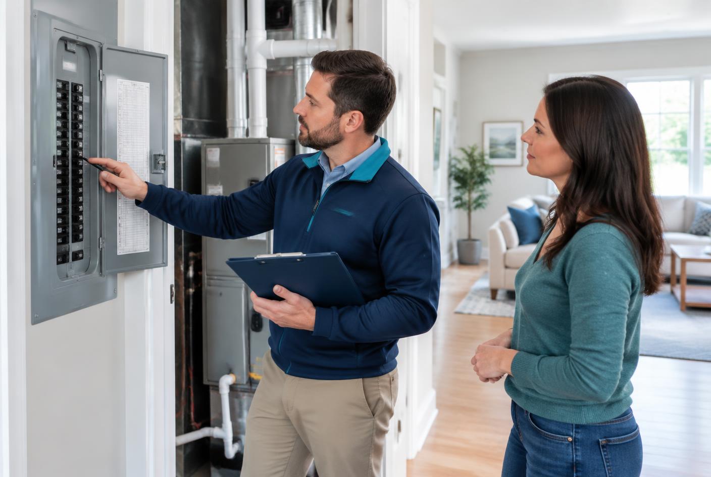 A home inspector reviewing an electrical panel with a homeowner