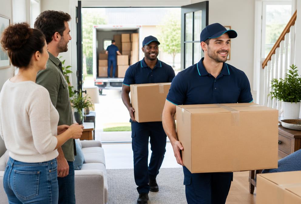 Professional movers carrying packed boxes into a new home