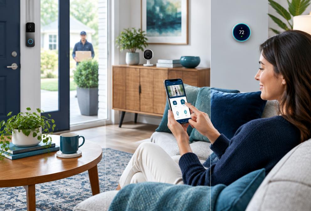 A homeowner controlling smart cameras and a thermostat from a phone