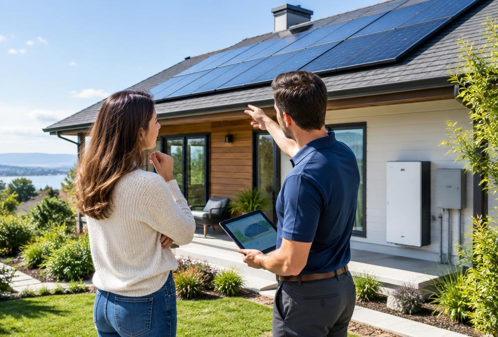 A homeowner discussing rooftop solar panels with a specialist