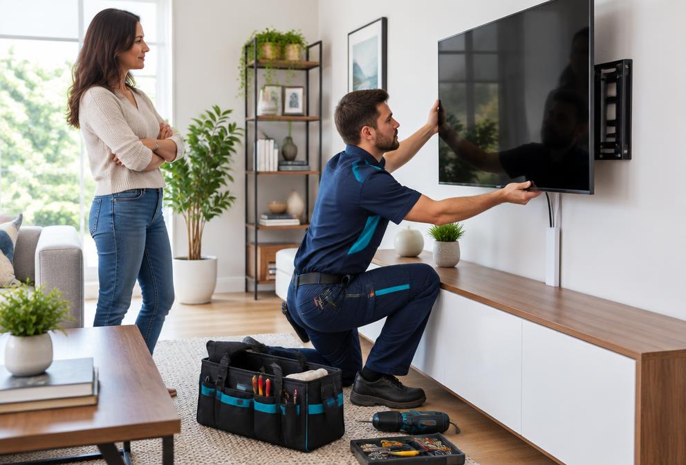 A professional mounting a television in a bright living room