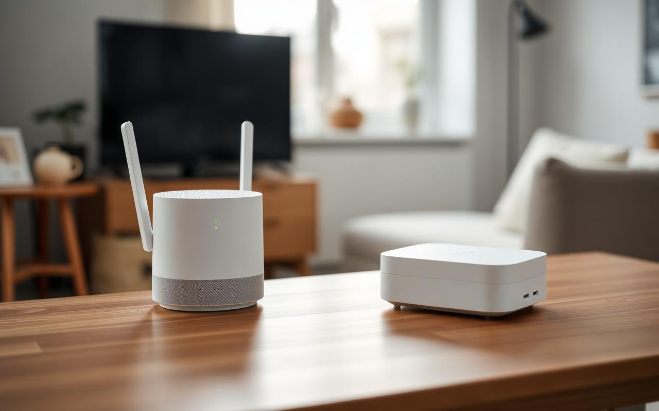 A wifi router and a 5G home internet gateway side by side on a desk