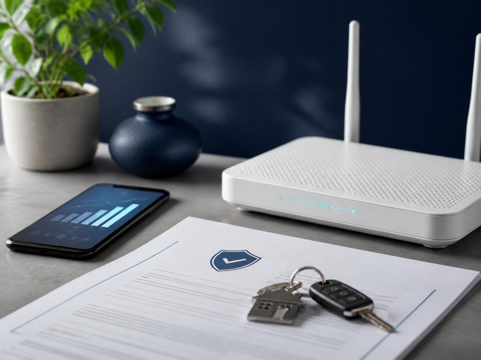 A fiber internet router beside a signed insurance policy, house keys and a phone showing signal strength