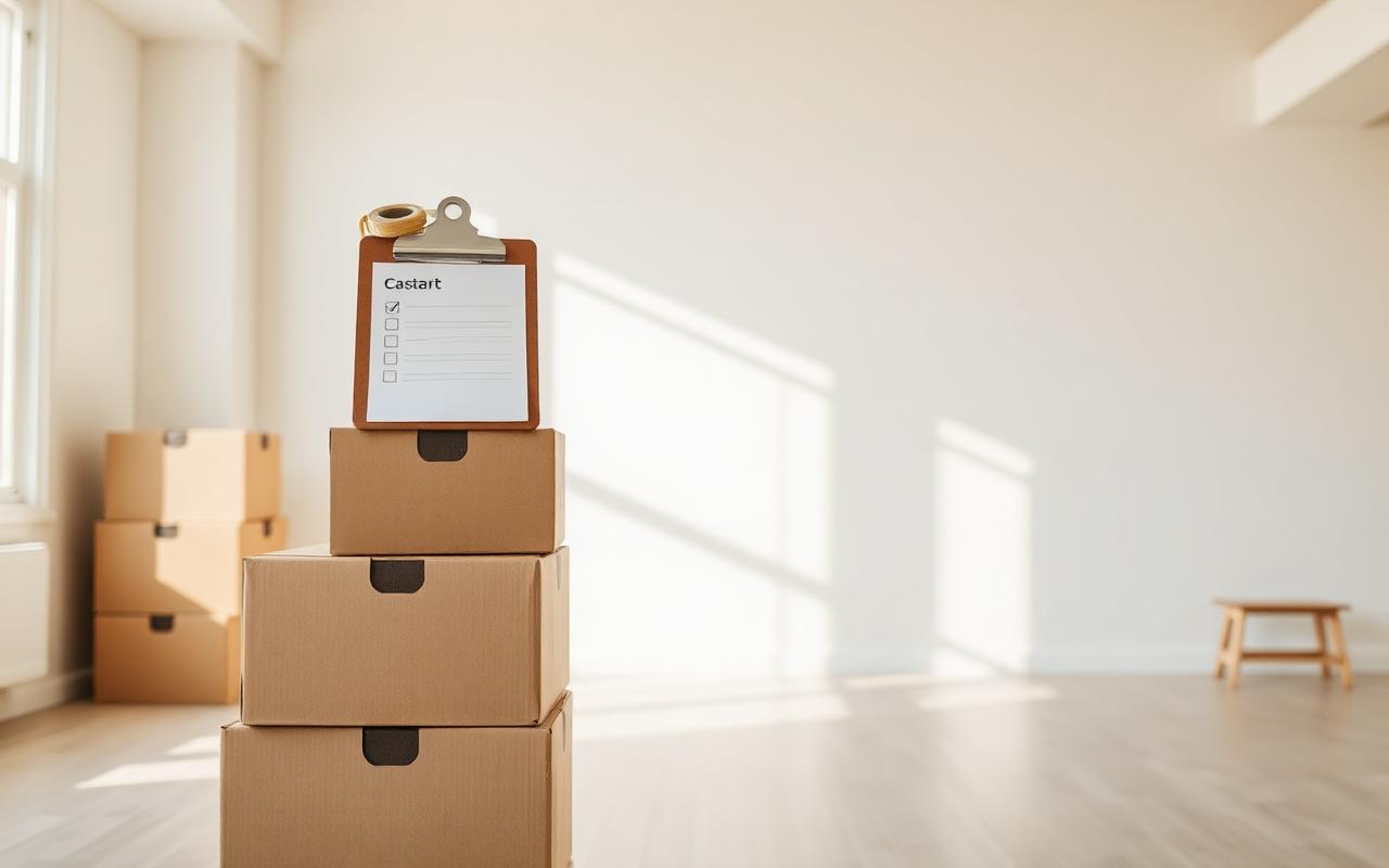 Stacked moving boxes with a checklist clipboard in a bright empty apartment