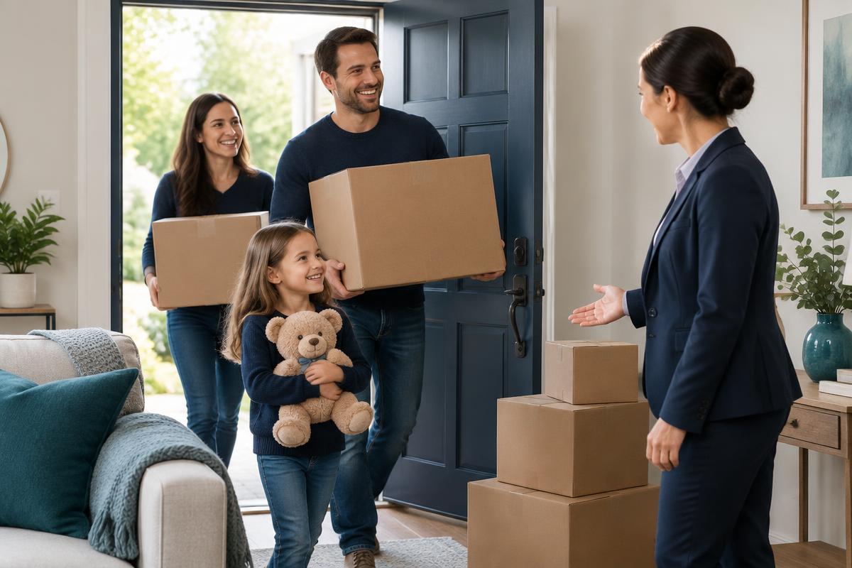 A family carrying moving boxes into their new home, welcomed by their Zorpath Account Manager