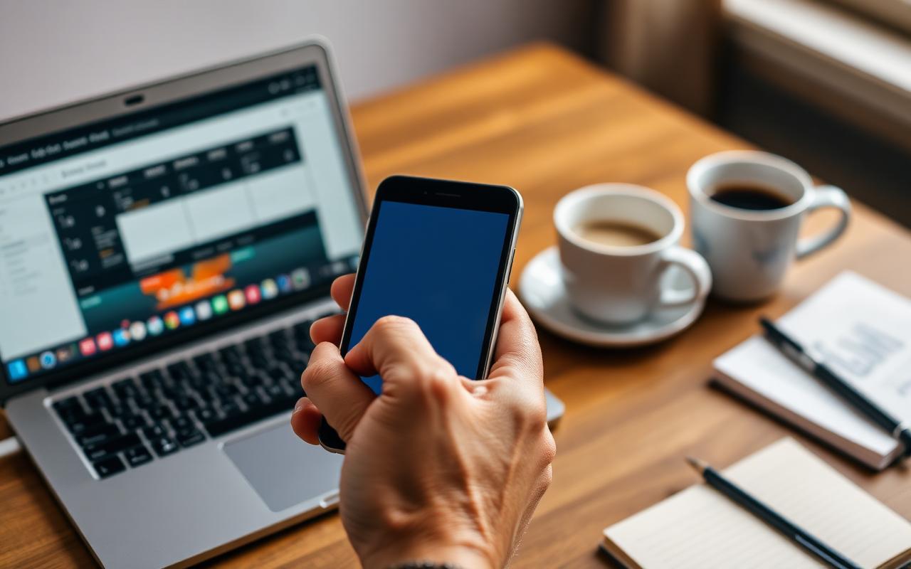 A hand holding a phone on a call beside a laptop and coffee at a desk