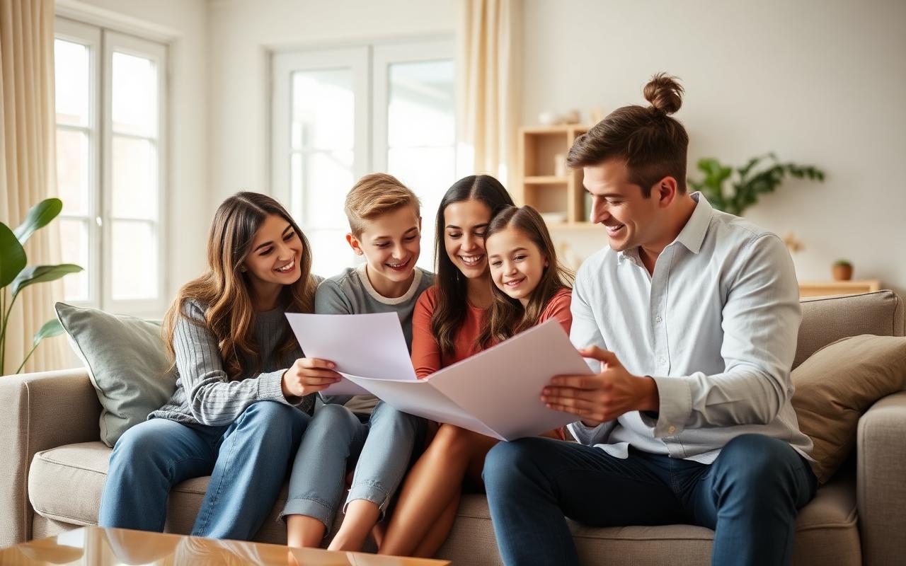 A family on a sofa reviewing documents together with an advisor